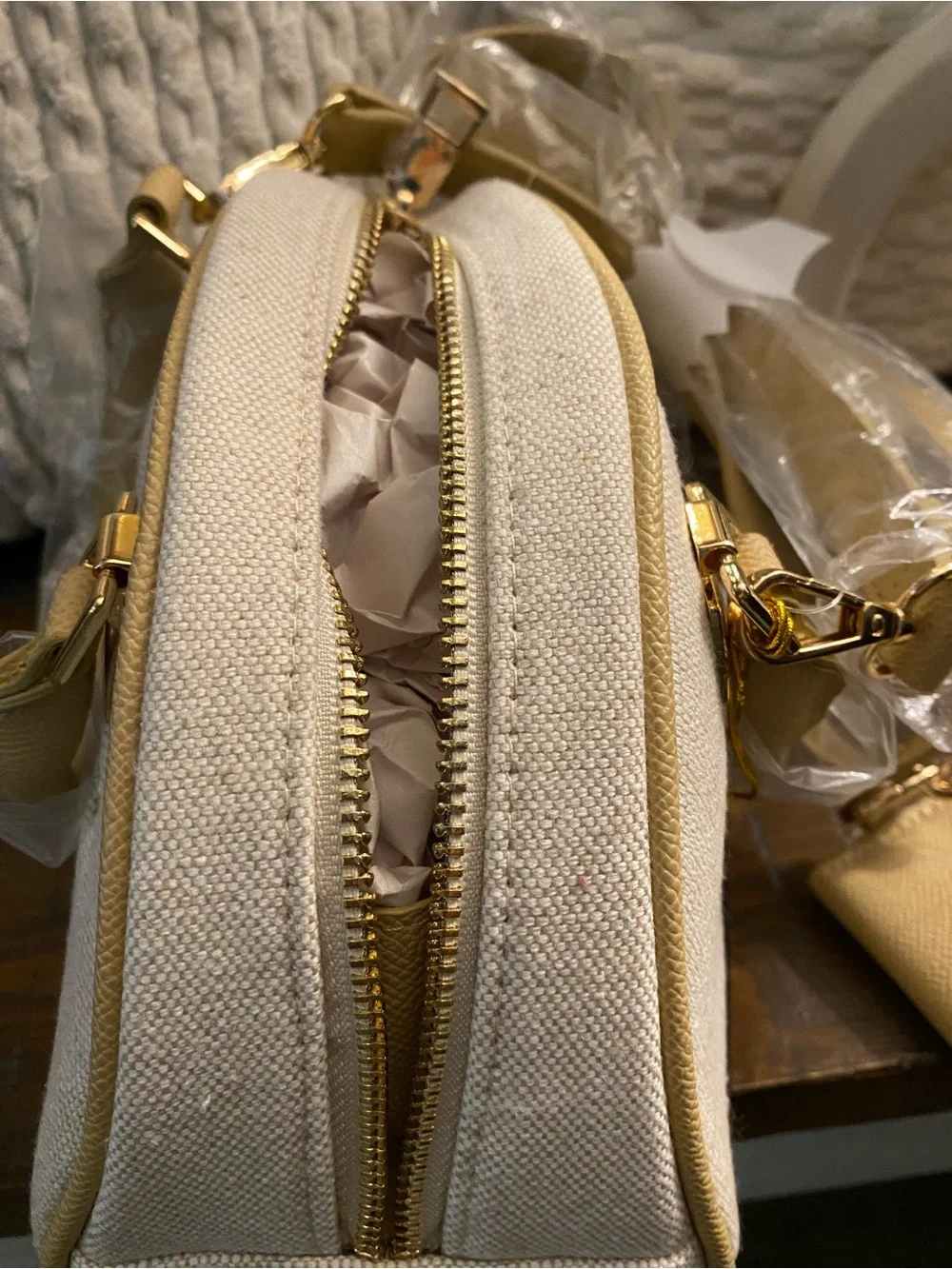 bebe Beige and Gold Dome Mini Satchel